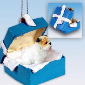 Bulldog - White - Blue Gift Box Ornament