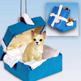 Chihuahua - Tan and White - Blue Gift Box Ornament