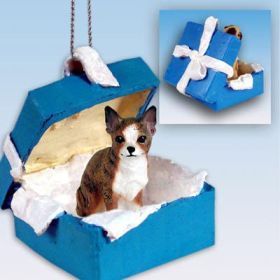 Chihuahua - Brindle and White - Blue Gift Box Ornament