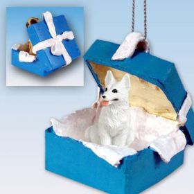 German Shepherd - White - Blue Gift Box Ornament