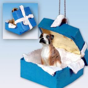 Boxer - Brindle - Uncropped - Blue Gift Box Ornament