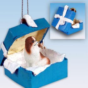 Japanese Chin - Brown and White - Blue Gift Box Ornament