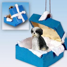 Shih Tzu - Black and White - Sport Cut - Blue Gift Box Ornament