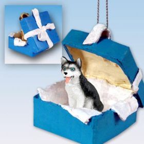 Siberian Husky - Black and White - Blue Eyes - Blue Gift Box Ornament