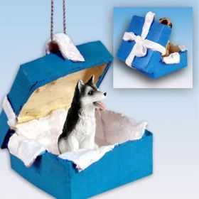 Siberian Husky - Black and White - Brown Eyes - Blue Gift Box Ornament