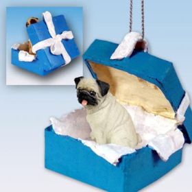 Pug - Fawn - Blue Gift Box Ornament