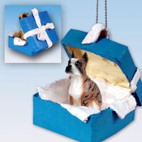 Boxer - Brindle - Blue Gift Box Ornament