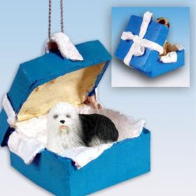 Old English Sheepdog - Blue Gift Box Ornament