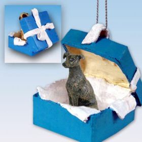 Greyhound - Brindle - Blue Gift Box Ornament