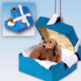 Dachshund - Red - Longhaired - Blue Gift Box Ornament