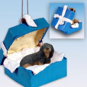 Dachshund - Black - Longhaired - Blue Gift Box Ornament