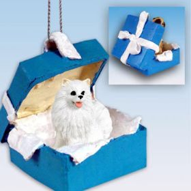 American Eskimo - Miniature - Blue Gift Box Ornament