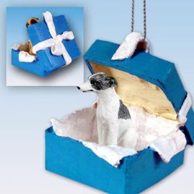 Whippet - Gray and White - Blue Gift Box Ornament