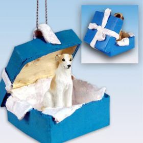 Whippet - Tan and White - Blue Gift Box Ornament