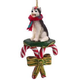 Siberian Husky - Black and White - Blue Eyes - Candy Cane Ornament