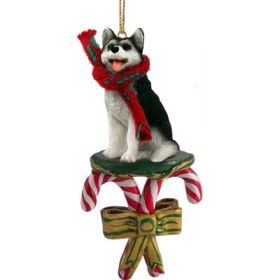 Siberian Husky - Black and White - Brown Eyes - Candy Cane Ornament