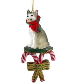 Siberian Husky - Gray and White - Brown Eyes - Candy Cane Ornament