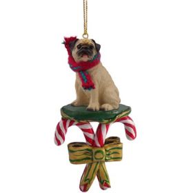 Pug - Fawn - Candy Cane Ornament