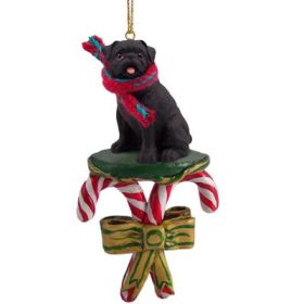 Pug - Black - Candy Cane Ornament