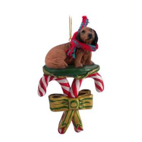 Dachshund - Red - Longhaired - Candy Cane Ornament