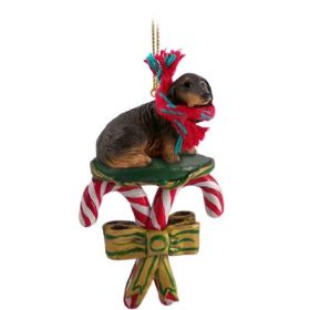 Dachshund - Black - Longhaired - Candy Cane Ornament