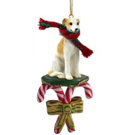 Whippet - Tan and White - Candy Cane Ornament