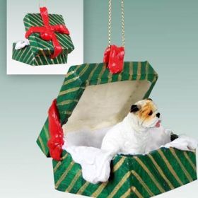 Bulldog - White - Green Gift Box Ornament