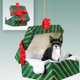 Chihuahua - Black and White - Green Gift Box Ornament