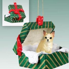 Chihuahua - Tan and White - Green Gift Box Ornament