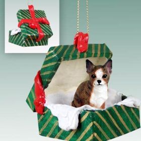 Chihuahua - Brindle and White - Green Gift Box Ornament