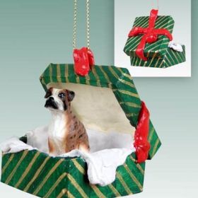 Boxer - Brindle - Uncropped - Green Gift Box Ornament