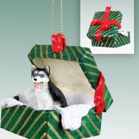 Siberian Husky - Black and White - Blue Eyes - Green Gift Box Ornament