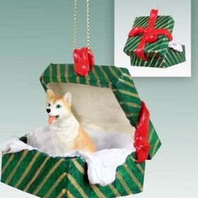 Siberian Husky - Red and White - Blue Eyes - Green Gift Box Ornament