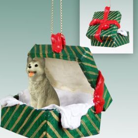 Siberian Husky - Gray and White - Brown Eyes - Green Gift Box Ornament