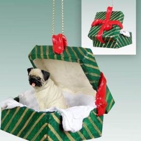 Pug - Fawn - Green Gift Box Ornament