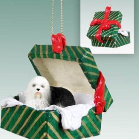 Old English Sheepdog Green Gift Box Ornament