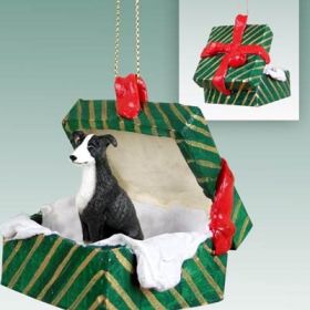 Greyhound - Black and White - Green Gift Box Ornament