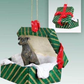 Greyhound - Brindle - Green Gift Box Ornament