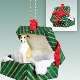 Greyhound - Tan and White - Green Gift Box Ornament