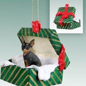 Min Pin - Tan and Black - Green Gift Box Ornament