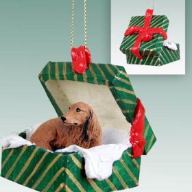 Dachshund - Longhaired - Red - Green Gift Box Ornament