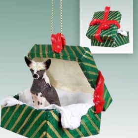 Chinese Crested Dog Green Gift Box Ornament