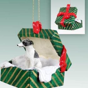 Whippet  - Gray and White - Green Gift Box Ornament