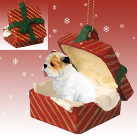 Bulldog - White - Red Gift Box Ornament