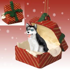 Siberian Husky - Black and White - Blue Eyes - Red Gift Box Ornament