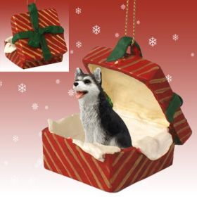 Siberian Husky - Black and White - Brown Eyes - Red Gift Box Ornament