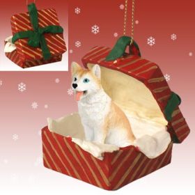 Siberian Husky - Red and White - Blue Eyes - Red Gift Box Ornament