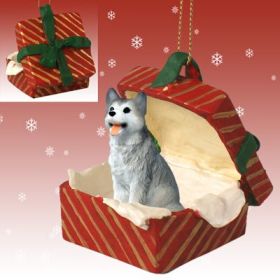 Siberian Husky - Gray and White - Brown Eyes - Red Gift Box Ornament