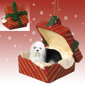 Old English Sheepdog Red Gift Box Ornament