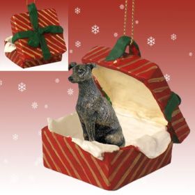 Greyhound - Brindle - Red Gift Box Ornament